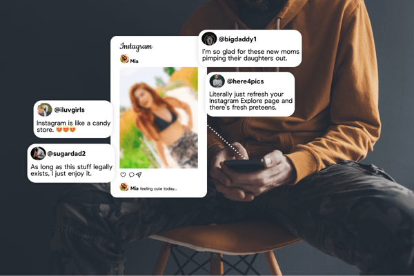 A man in a yellow hoodie looks at a picture of a red haired girl posing in a bikini on Instagram while sexualizing comments from other men are highlighted