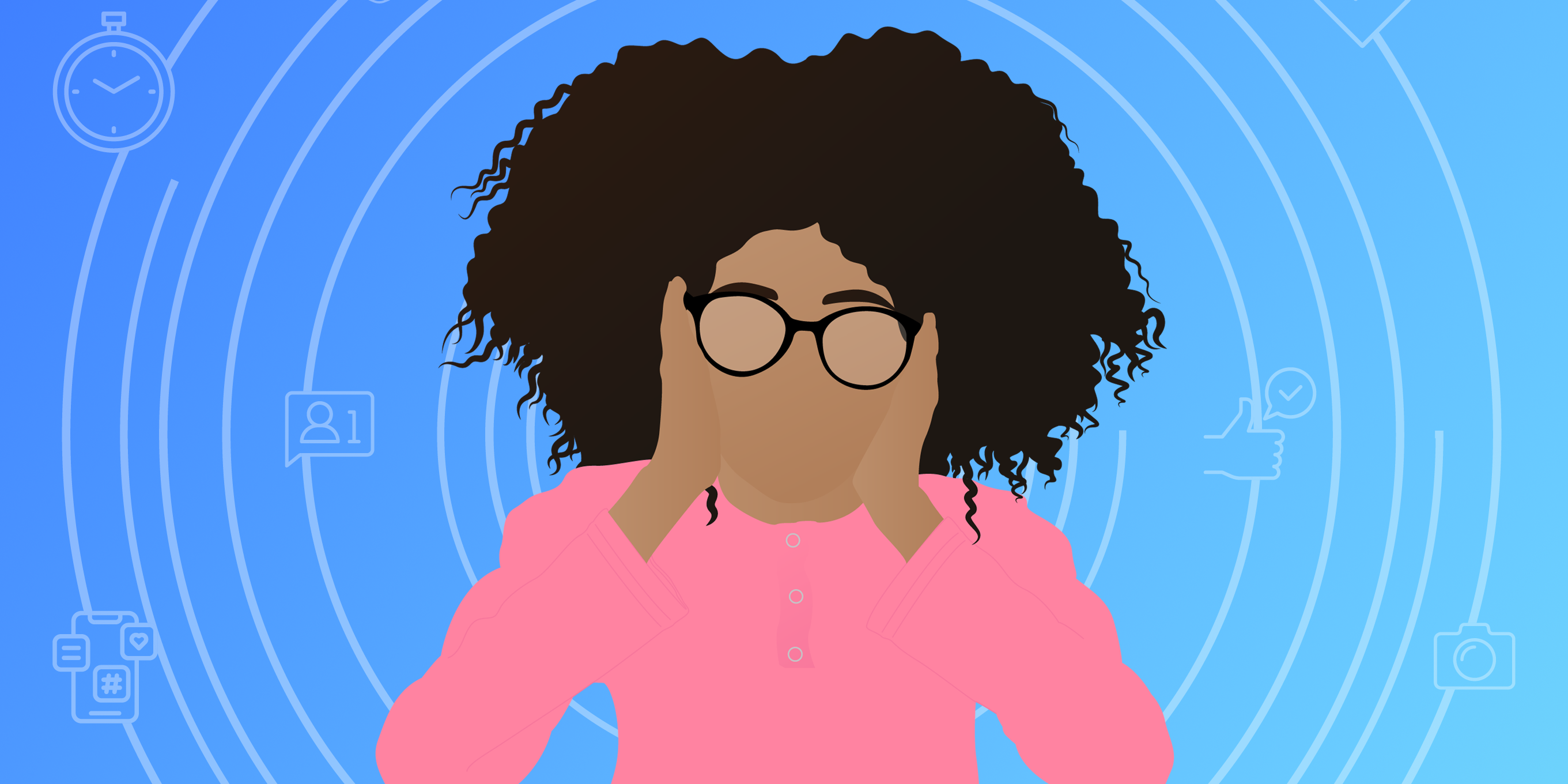 A girl with curly hair and pink shirt and glasses has her hands against her face while looking worried.m 