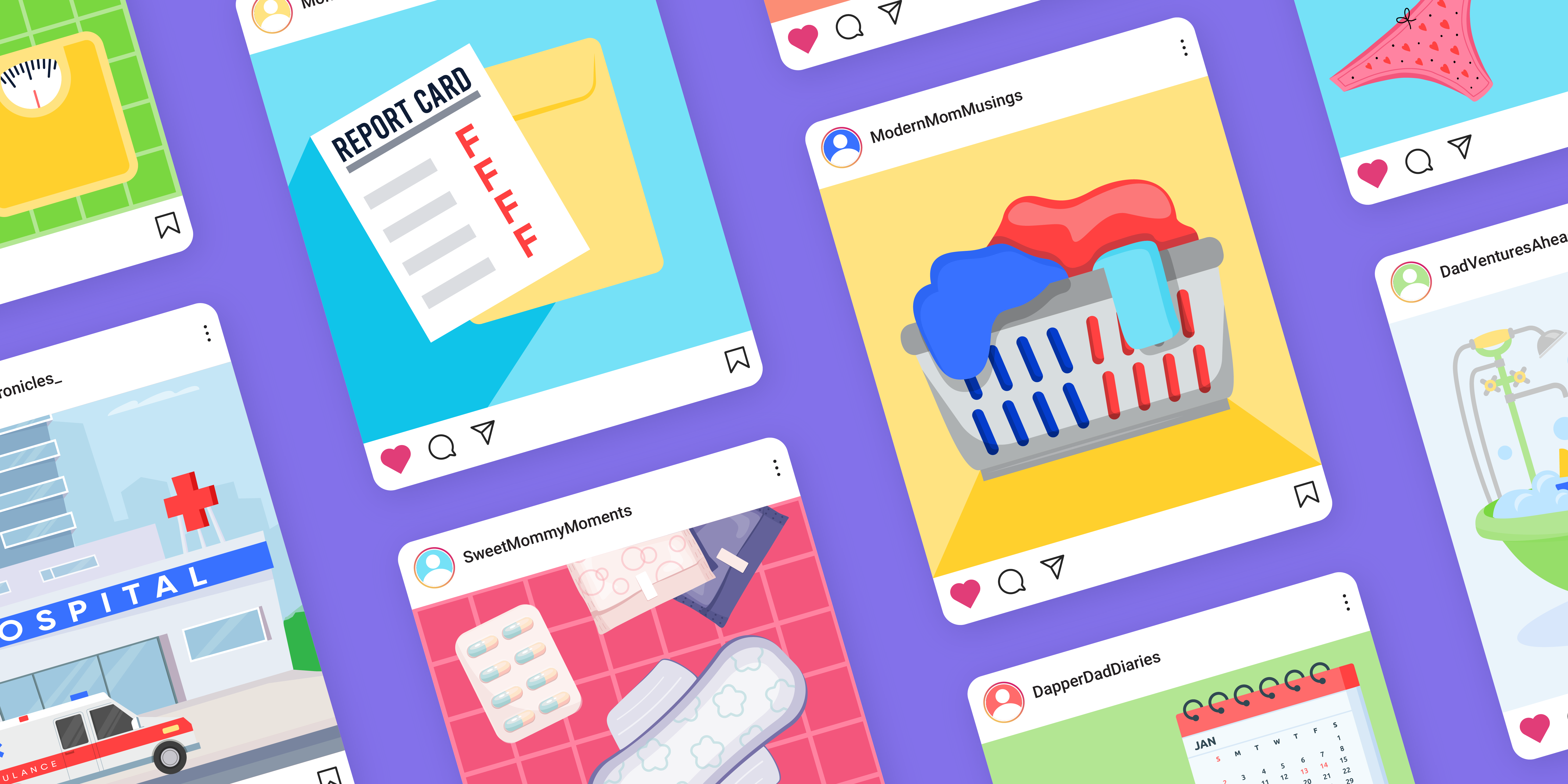 Brightly colored social media posts from parent influencers show that they've shared report cards, women's hygiene products, and other sensitive information online