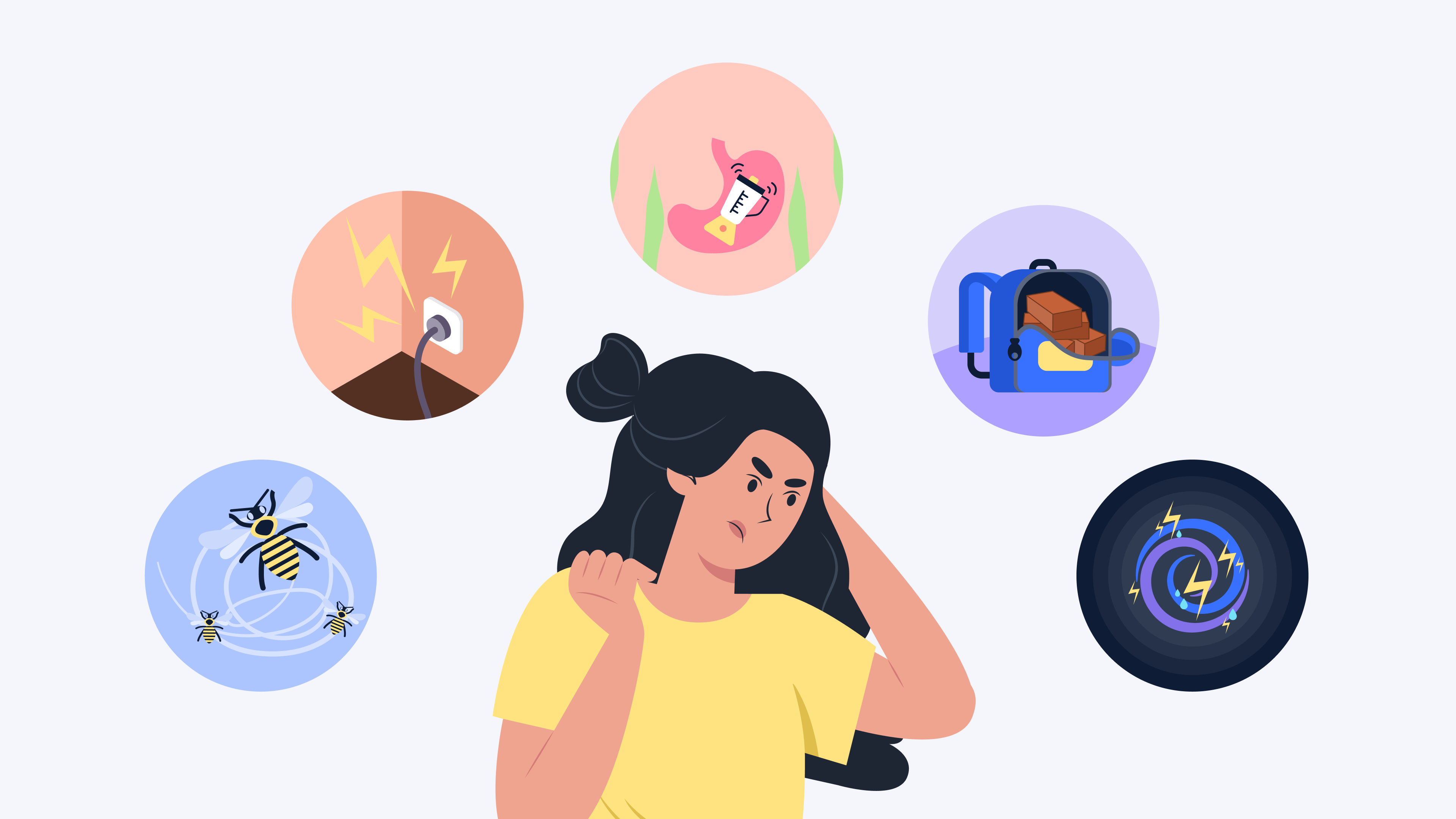 A girl with a sad look on her face is surrounded by icons showing anxiety symptoms