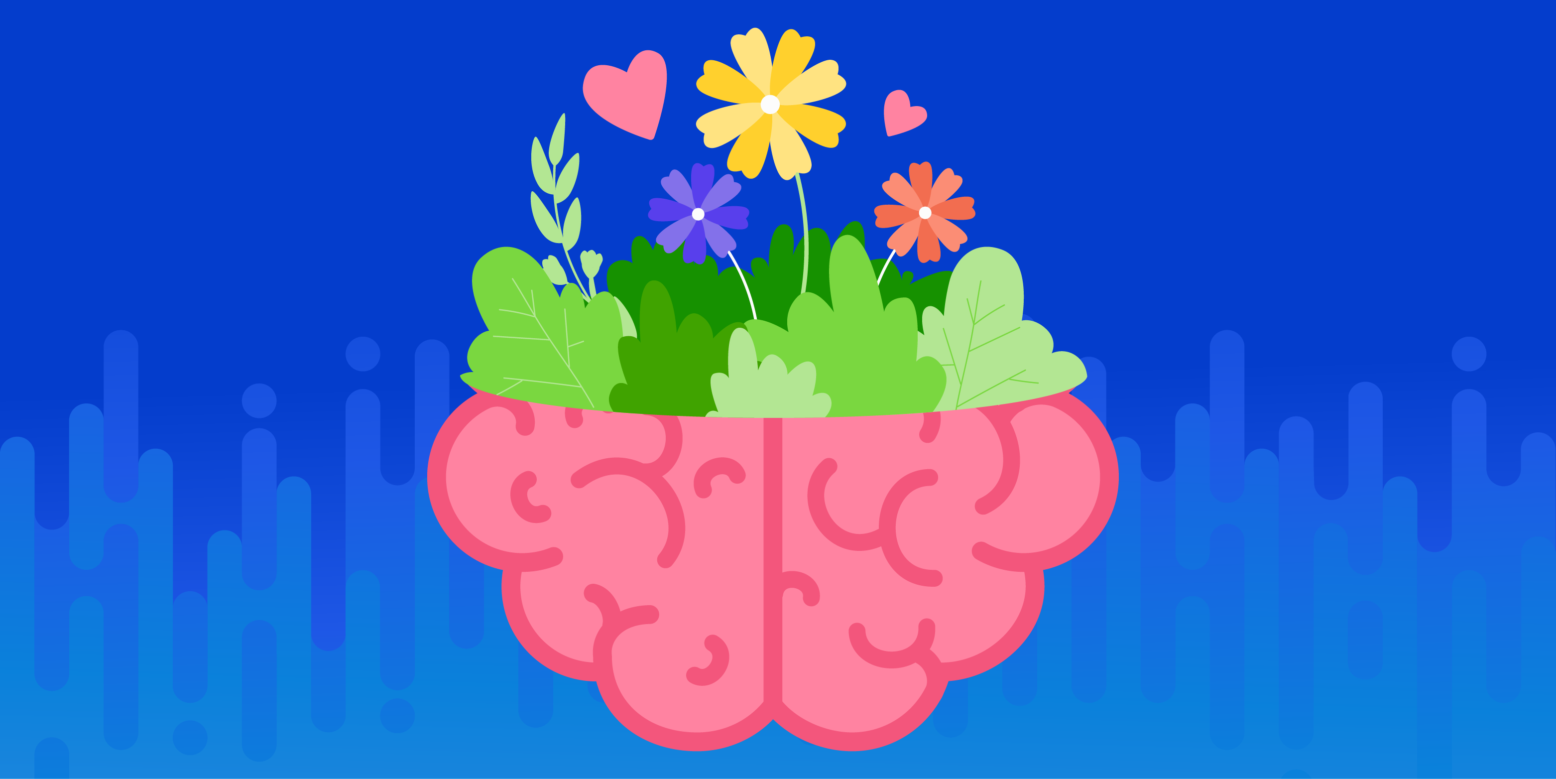A cartoon brain sits against a blue background while flowers, hearts, and green bushes sprout from it. 