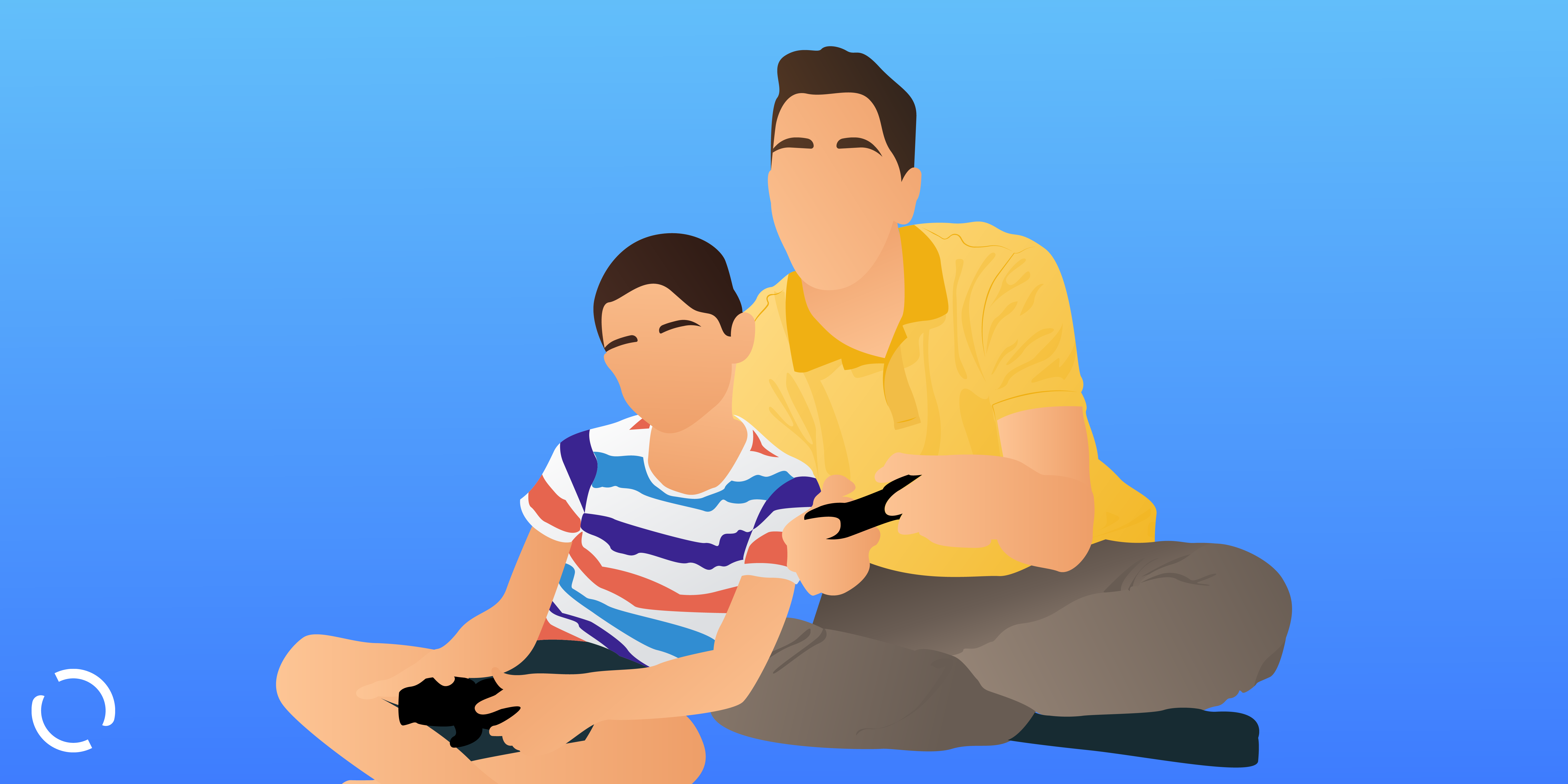 Man in a yellow shirt and boy in a striped shirt sit together on the floor holding video game controllers. 