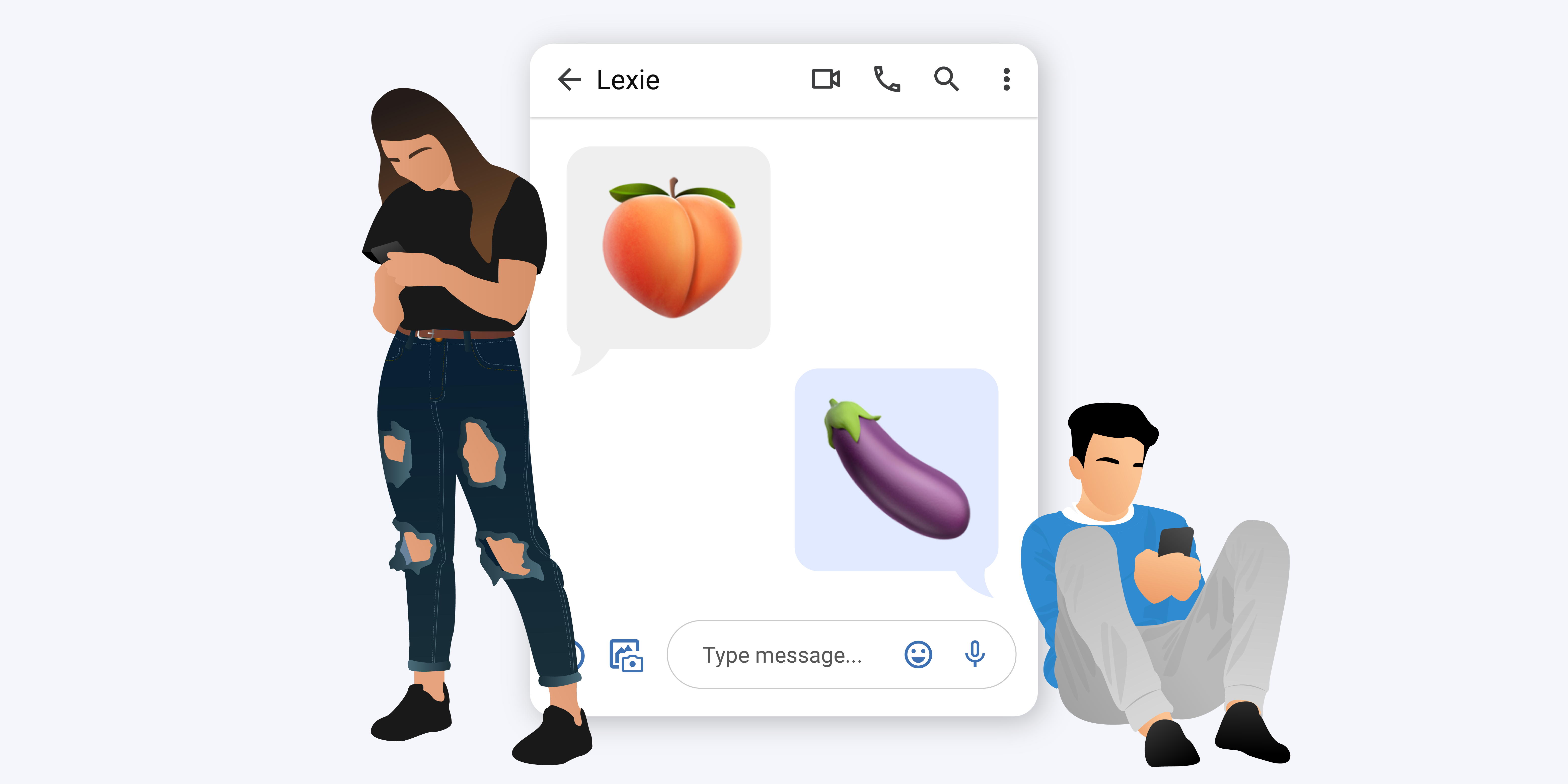 Illustration of a boy and girl sending suggestive photos to eachother.