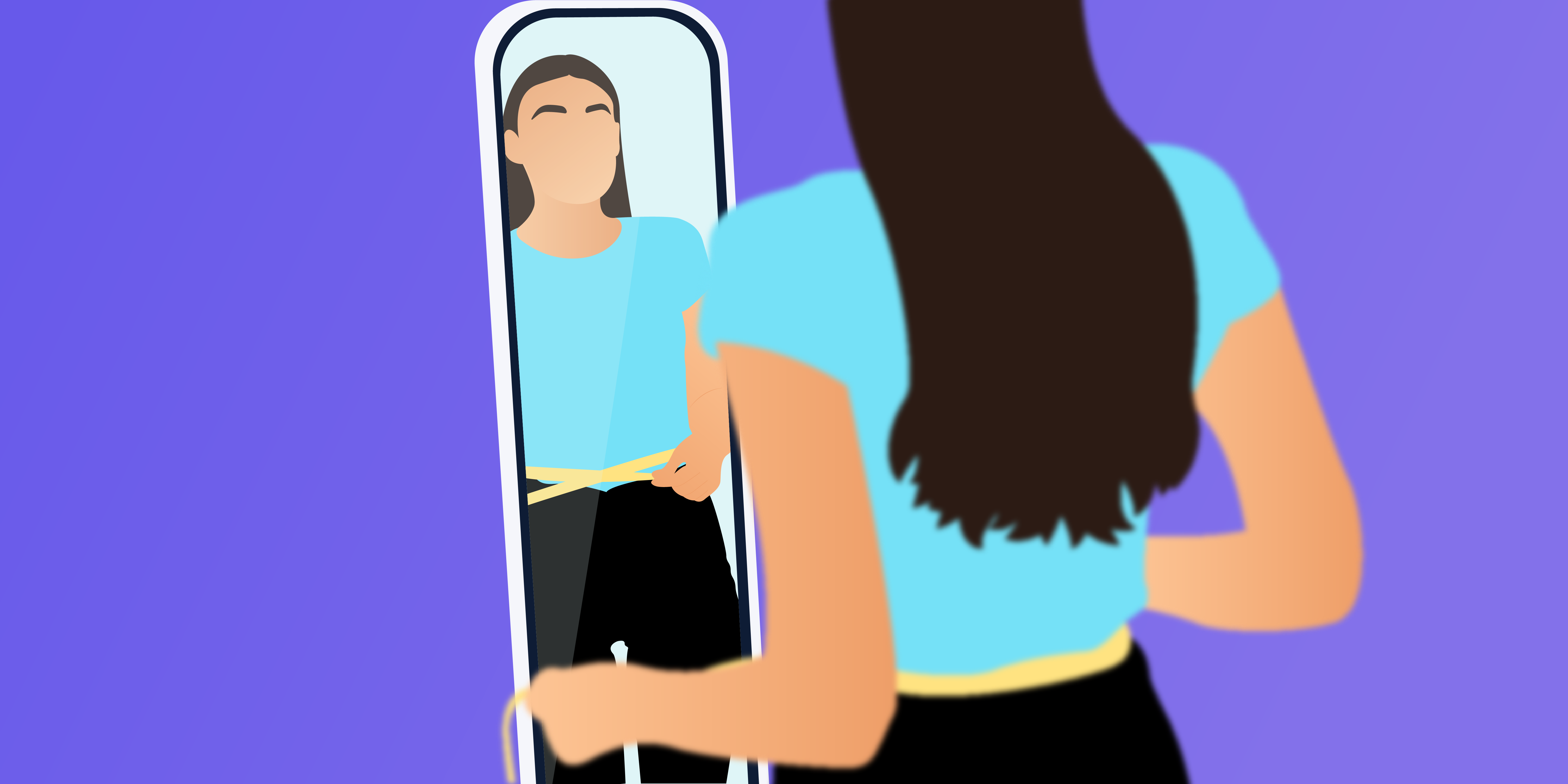 Illustration of a girl looking in the mirror as she measures her waist. 